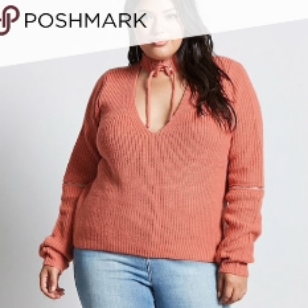 FOREVER 21 Lace up Choker V-neck Zipper Sweater - Picture 1 of 9